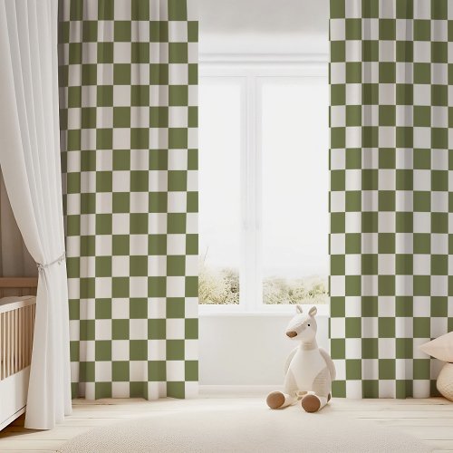 Olive Green and White Checkerboard Blackout Curtains