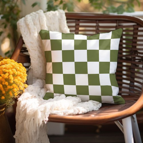 Olive Green and White Checkerboard Throw Pillow