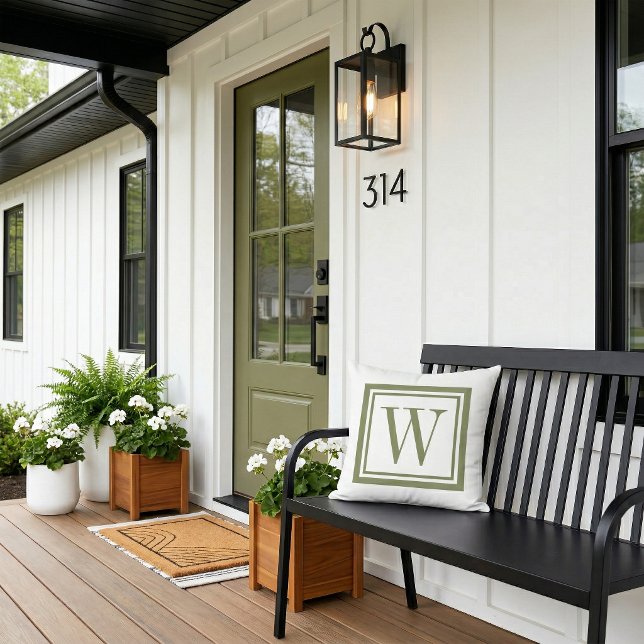 Olive Green and White Classic Square Monogram Outdoor Pillow (Creator Uploaded)