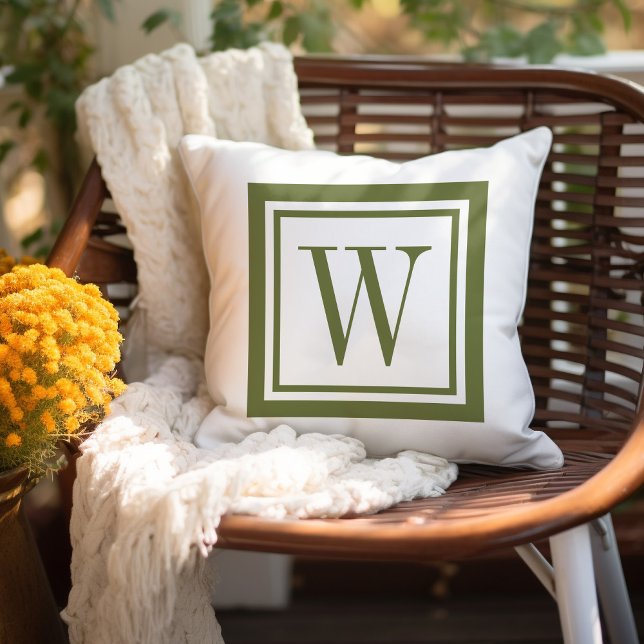 Olive Green and White Classic Square Monogram Outdoor Pillow (Creator Uploaded)