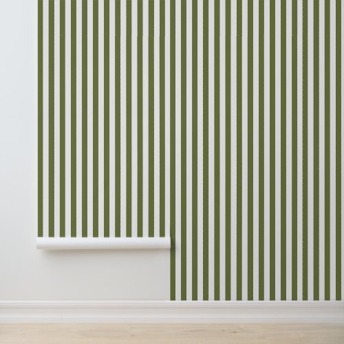 Olive Green and White Classic Vertical Stripes Wallpaper