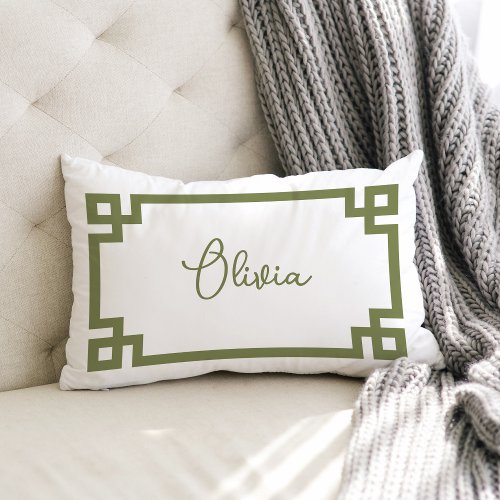 Olive Green and White Custom Name Monogram Lumbar Pillow