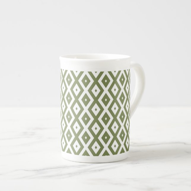 Olive green and white diamond pattern bone china mug (Front Right)