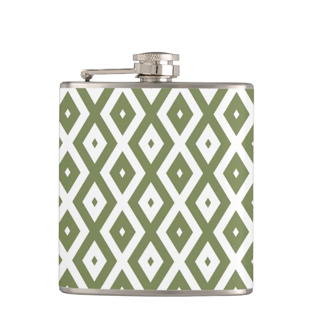 Olive green and white diamond pattern flask (Front)