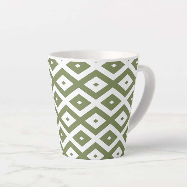 Olive green and white diamond pattern latte mug (Right Angle)