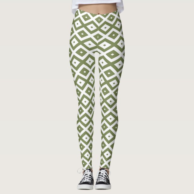Olive green and white diamond pattern leggings (Front)