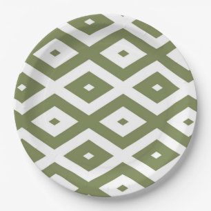 Olive green and white diamond pattern paper plates