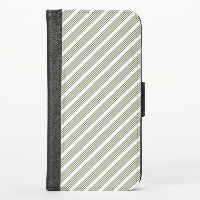 Olive green and white five stripe pattern iPhone wallet case (Front)