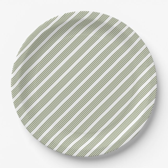 Olive green and white five stripe pattern paper plates (Front)