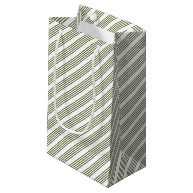 Olive green and white five stripe pattern small gift bag (Front Angled)