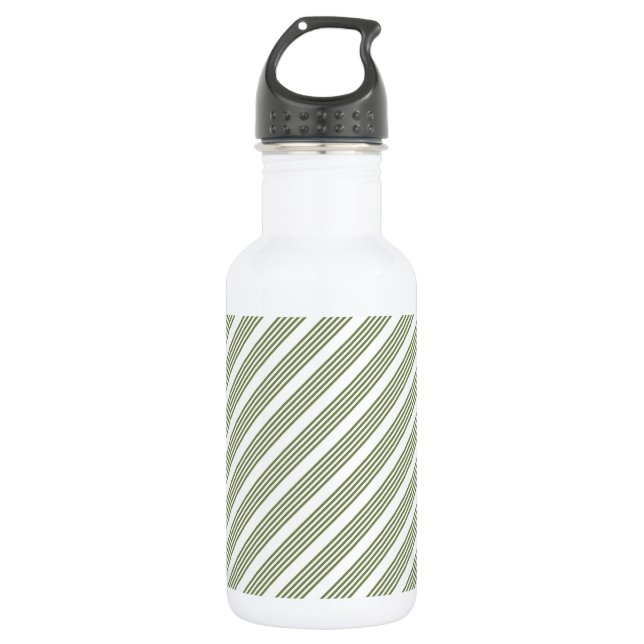 Olive green and white five stripe pattern stainless steel water bottle (Front)