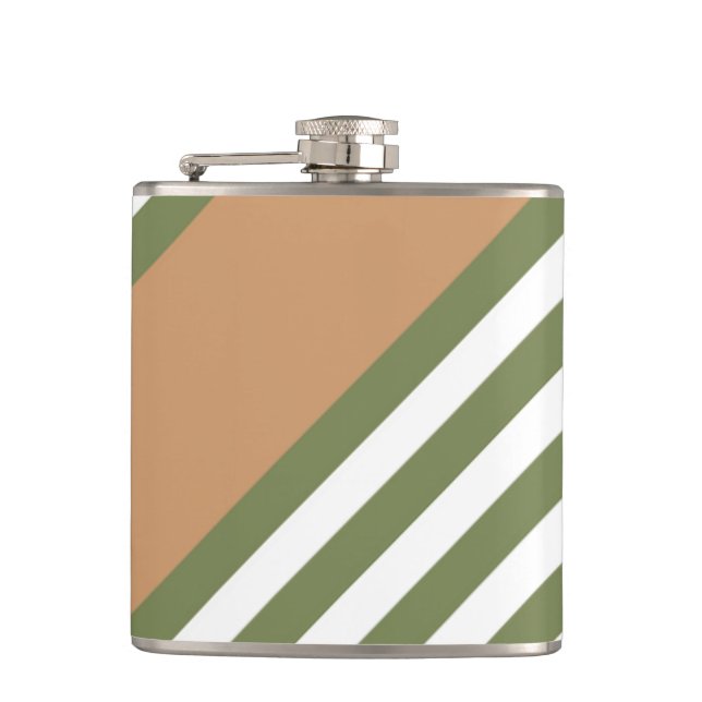 Olive green and white five stripe pattern with tan flask (Front)