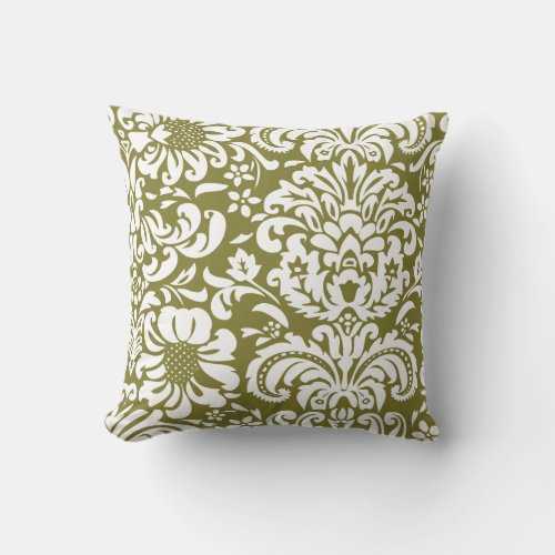 Olive Green and White Floral Damask Throw Pillow