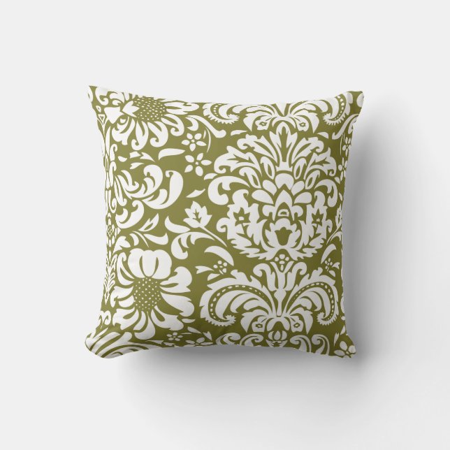 Olive Green and White Floral Damask Throw Pillow (Front)