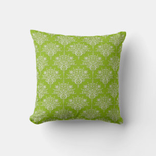Olive Green and White Floral Damask Throw Pillow