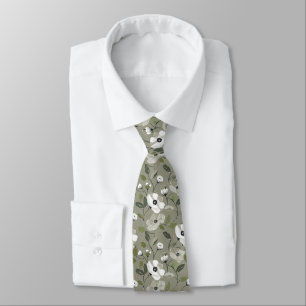 Olive Green and White Floral Neck Tie