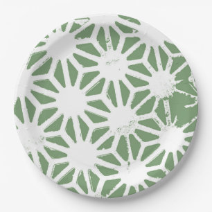 Olive green and white geometric pattern paper plates