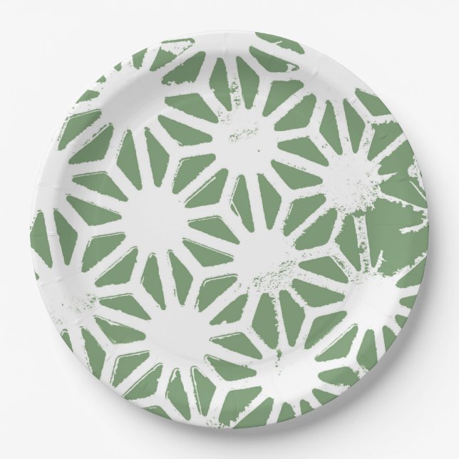 Olive green and white geometric pattern paper plates (Front)