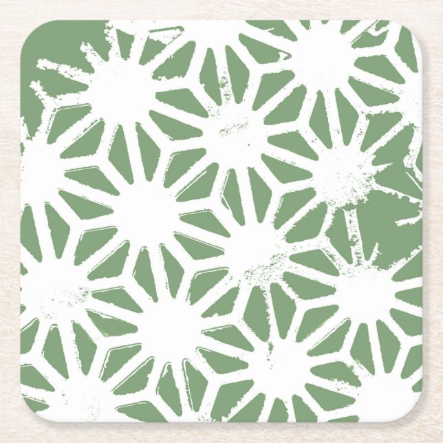 Olive green and white geometric pattern square paper coaster (Front)
