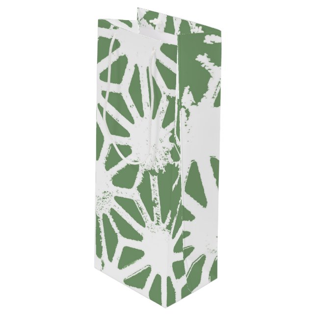 Olive green and white geometric pattern wine gift bag (Front Angled)