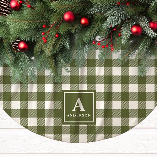 Olive Green And White Gingham Plaid Monogram Brushed Polyester Tree Skirt