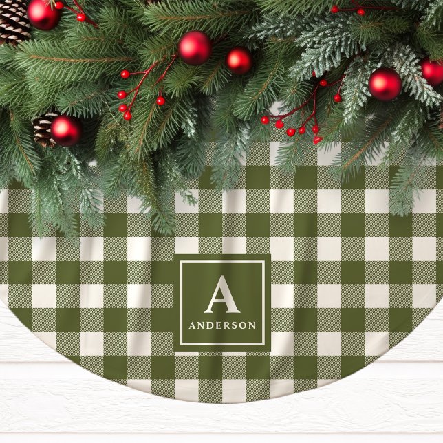 Olive Green And White Gingham Plaid Monogram Brushed Polyester Tree Skirt (Creator Uploaded)