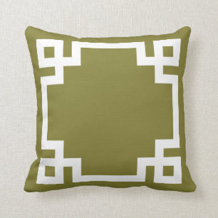 Olive Green and White Greek Key Border Throw Pillow
