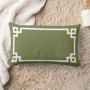 Olive Green and White Greek Key   Editable Colors Lumbar Pillow
