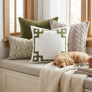 Olive Green and White Greek Key Editable Colors Outdoor Pillow