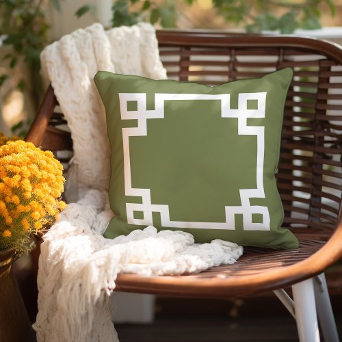 Olive Green and White Greek Key  Editable Colors Outdoor Pillow