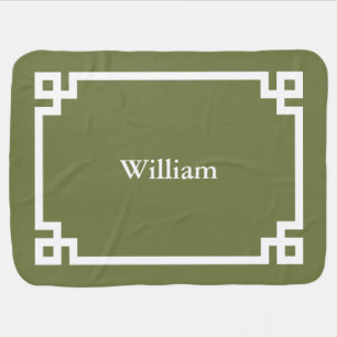 Olive Green and White Greek Key Monogram Baby Blanket