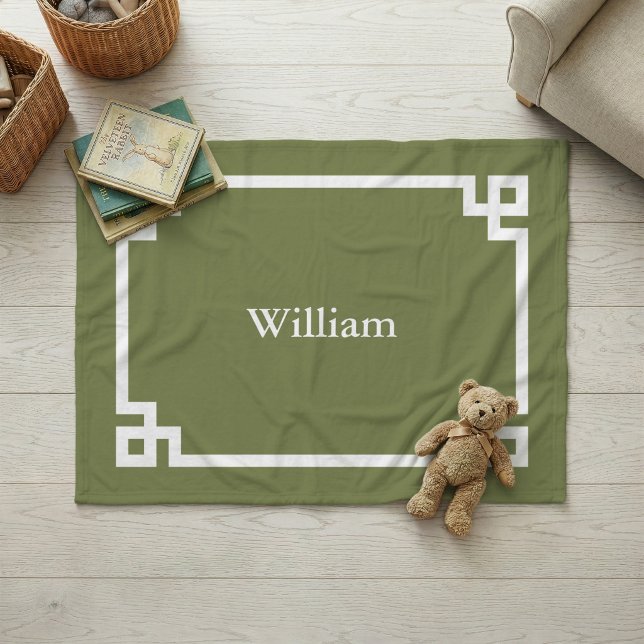 Olive Green and White Greek Key Monogram Fleece Blanket (Creator Uploaded)