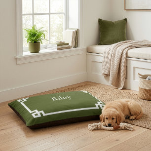 Olive Green and White Greek Key Monogram Pet Bed