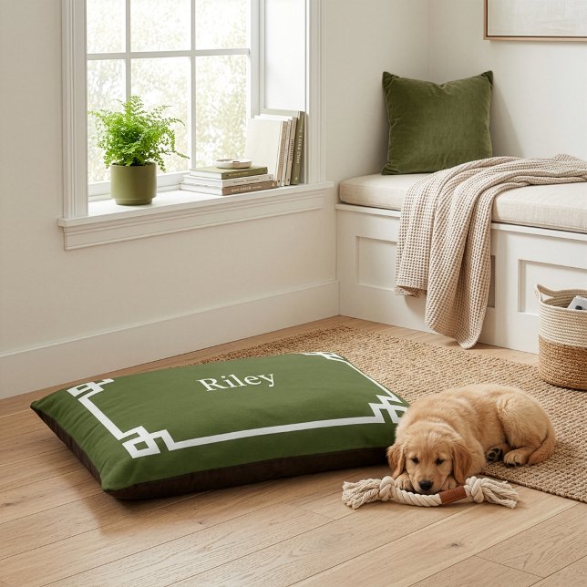 Olive Green and White Greek Key Monogram Pet Bed (Creator Uploaded)