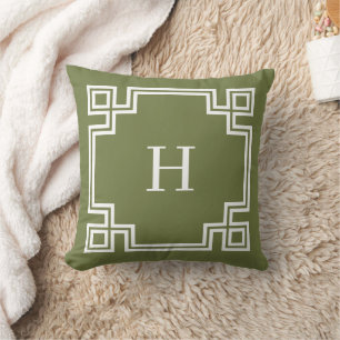 Olive Green and White Greek Key Monogram Throw Pillow