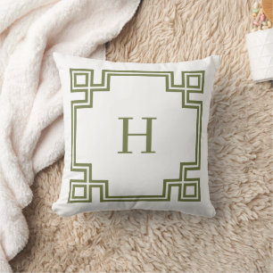 Olive Green and White Greek Key Monogram Throw Pillow