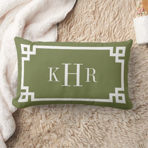 Olive Green and White Greek Key  Monogrammed Lumbar Pillow