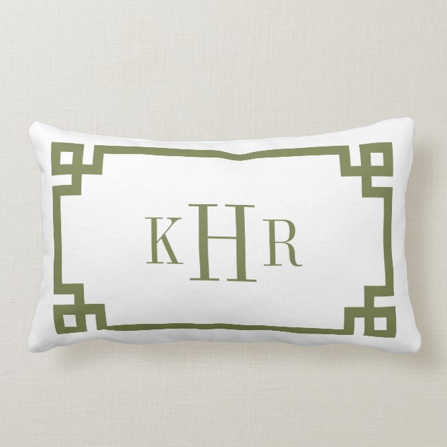 Olive Green and White Greek Key | Monogrammed Lumbar Pillow