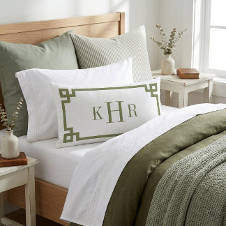 Olive Green and White Greek Key | Monogrammed Lumbar Pillow