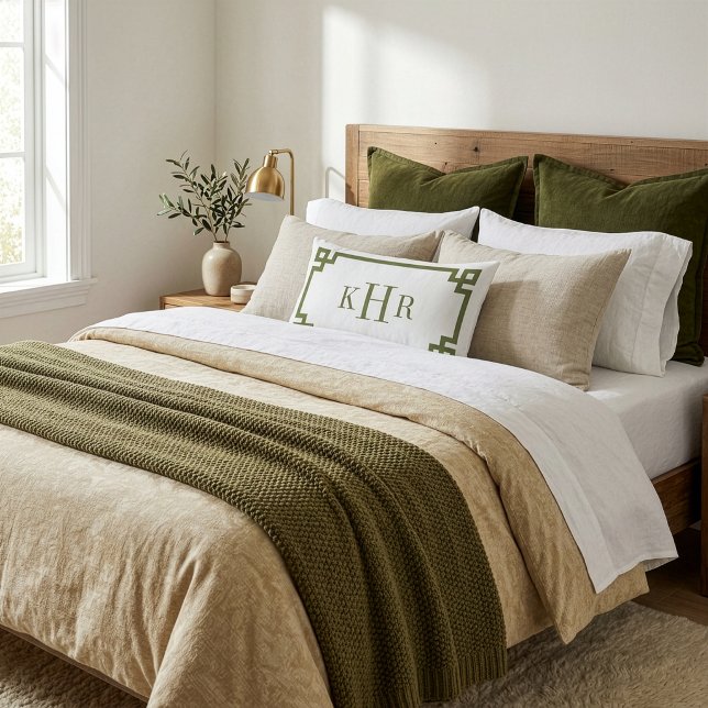 Olive Green and White Greek Key | Monogrammed Lumbar Pillow (Creator Uploaded)