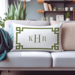 Olive Green and White Greek Key   Monogrammed Lumbar Pillow
