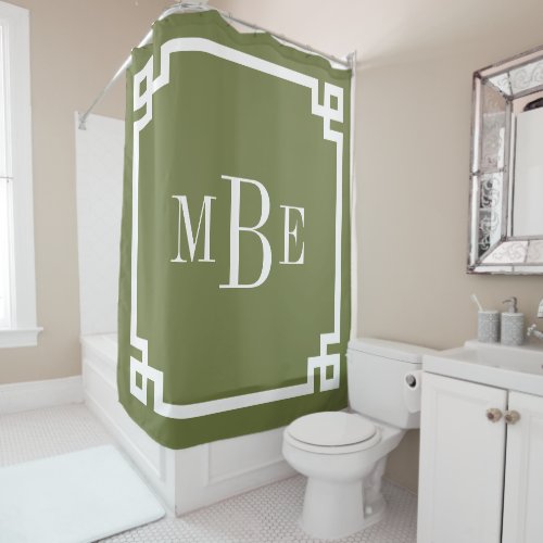 Olive Green and White Greek Key  Monogrammed Shower Curtain
