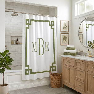 Olive Green and White Greek Key Monogrammed Shower Curtain