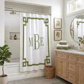 Olive Green and White Greek Key | Monogrammed Shower Curtain