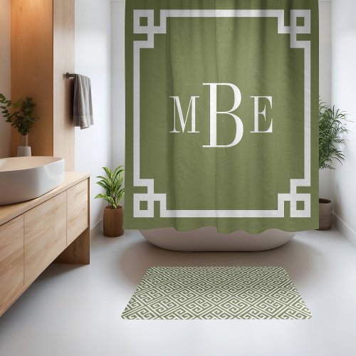 Olive Green and White Greek Key  Monogrammed Shower Curtain