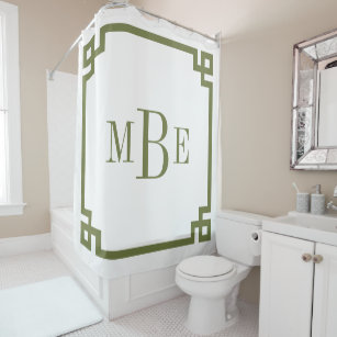 Olive Green and White Greek Key   Monogrammed Shower Curtain