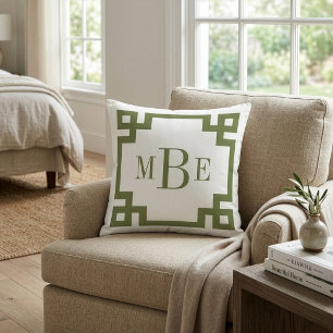 Olive Green and White Greek Key   Monogrammed Throw Pillow