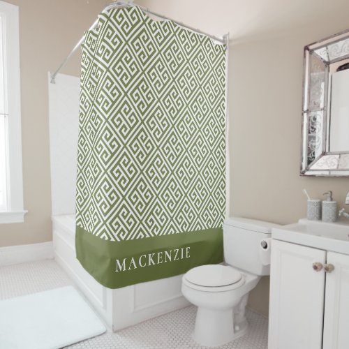 Olive Green and White Greek Key Name Monogram Shower Curtain