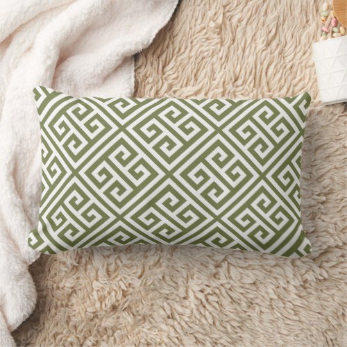 Olive Green and White Greek Key Pattern Lumbar Pillow