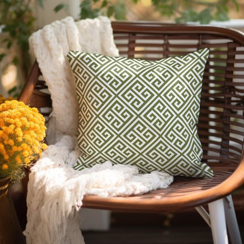 Olive Green and White Greek Key Pattern Outdoor Pillow